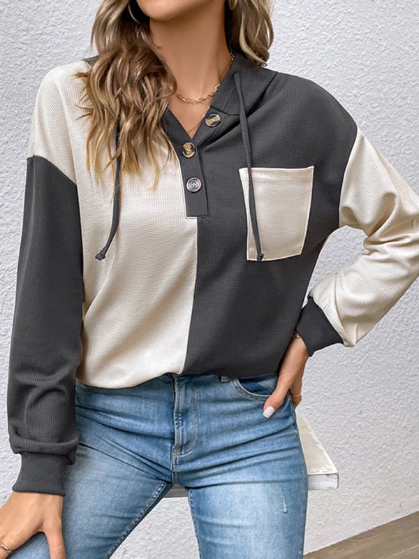 New women's long - sleeved contrast color hooded sweater - Outerwear